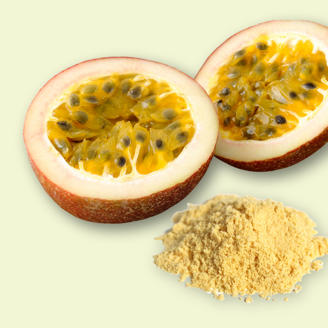 Halved Passion Fruit with Yellow pale powder next to it